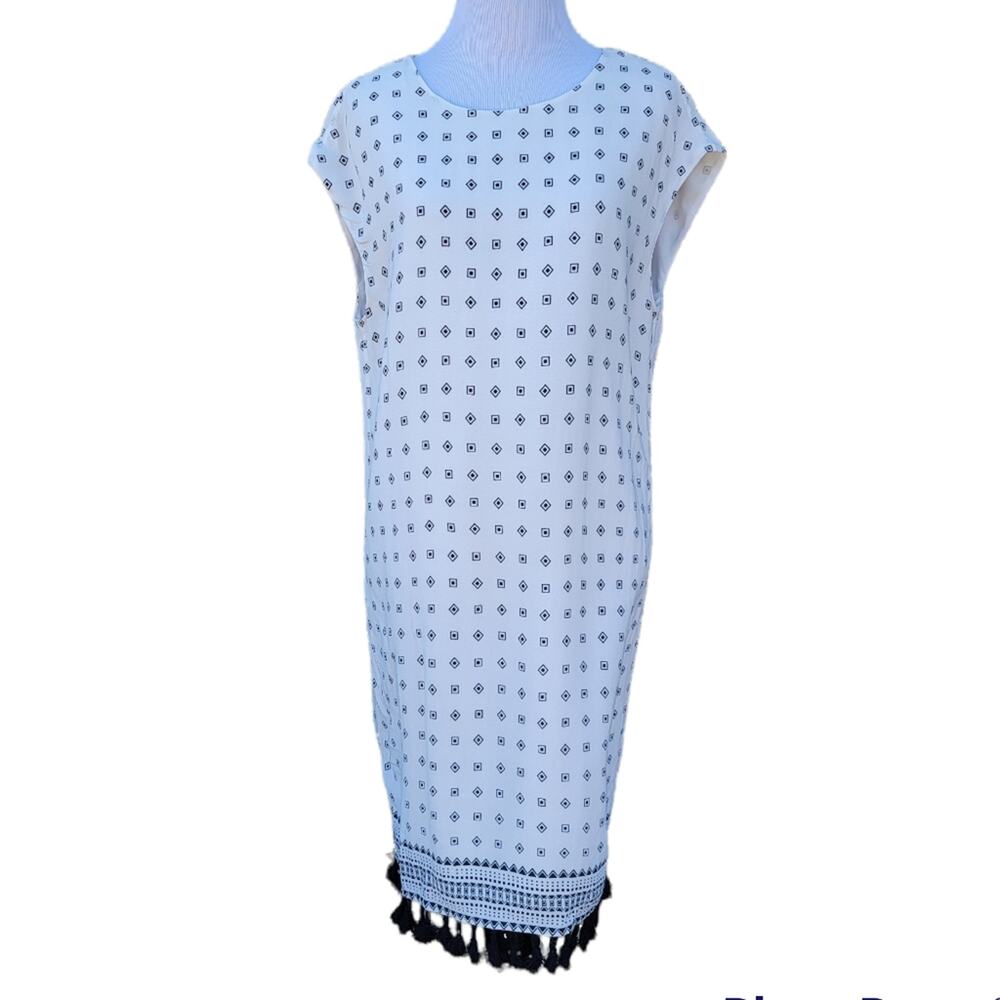 Madewell Scatter Block Tassel Dress White Black Geometric Print S